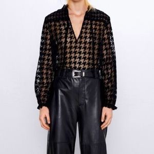 ZARA sheer crushed velvet houndstooth blouse
